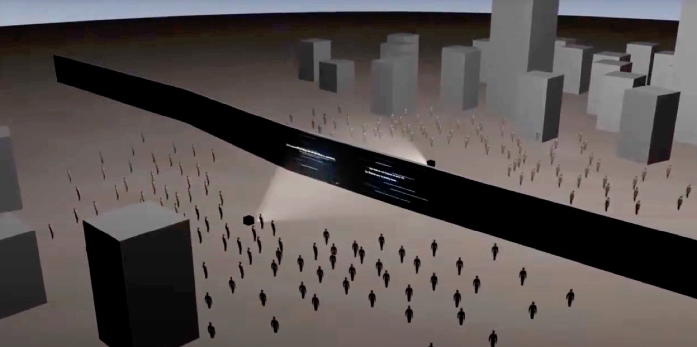 Image de la vidéo générative d'Iquisme : une foule de silhouettes autour d'un long écran noir, dans une ville schématique.