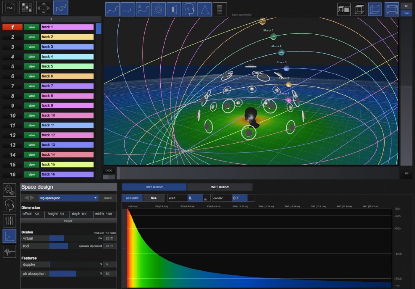 L'interface de Sound Trajectory en 2018 : seize pistes colorées, leurs trajectoires dans une scène 3D, et la courbe d'atténuation par la distance.