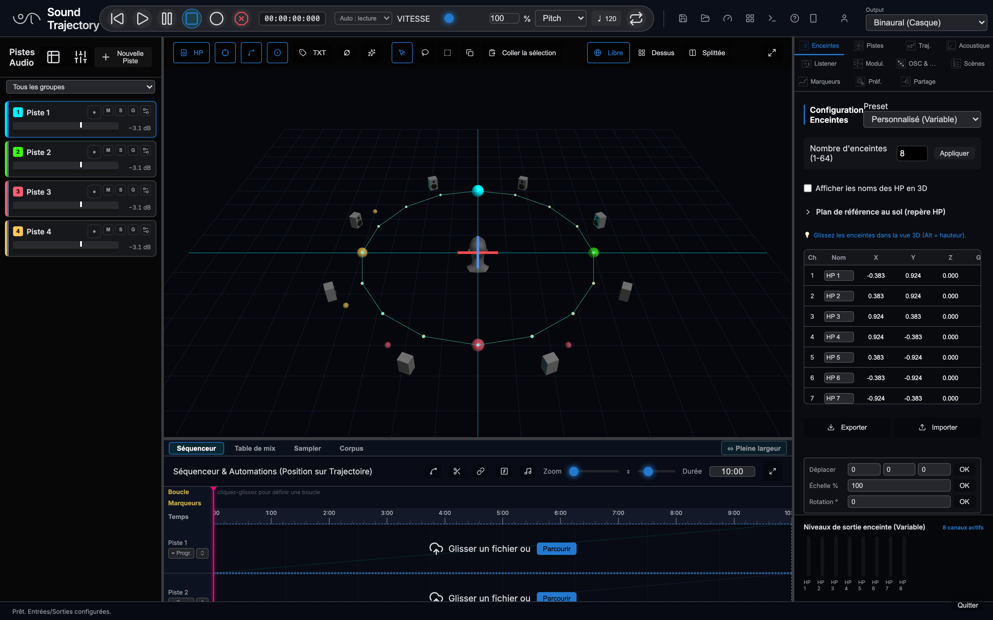 L'interface de Sound Trajectory : à gauche la liste des pistes avec leurs faders en décibels, au centre la scène 3D avec l'anneau de huit enceintes, l'auditeur et une trajectoire, en bas le séquenceur et ses quatre onglets, à droite le panneau de configuration des enceintes avec le tableau de leurs coordonnées.